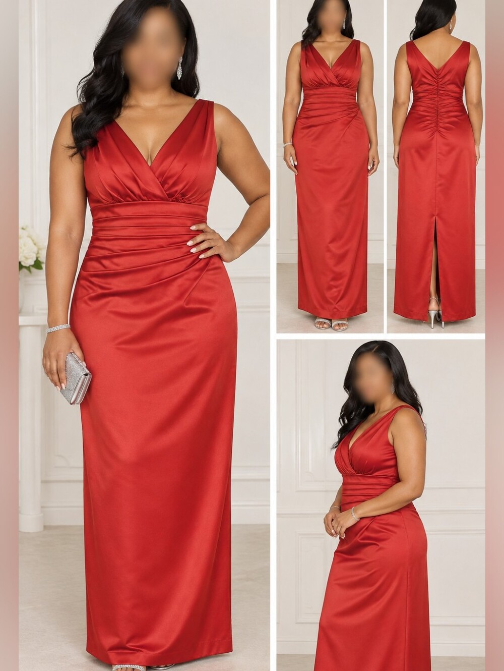 David’s Bridal Red Satin Formal Evening Gown Ruched V-Neck Size 14